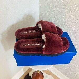 STUART WEITZMAN Elodie Chill Faux Fur Slide Slipper Sandal Size 9 Cranberry NWT